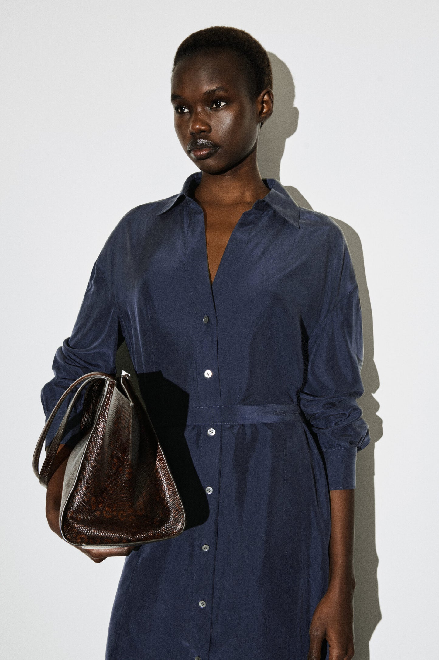 GATHERED CRINKLED-SILK MIDI SHIRT DRESS
