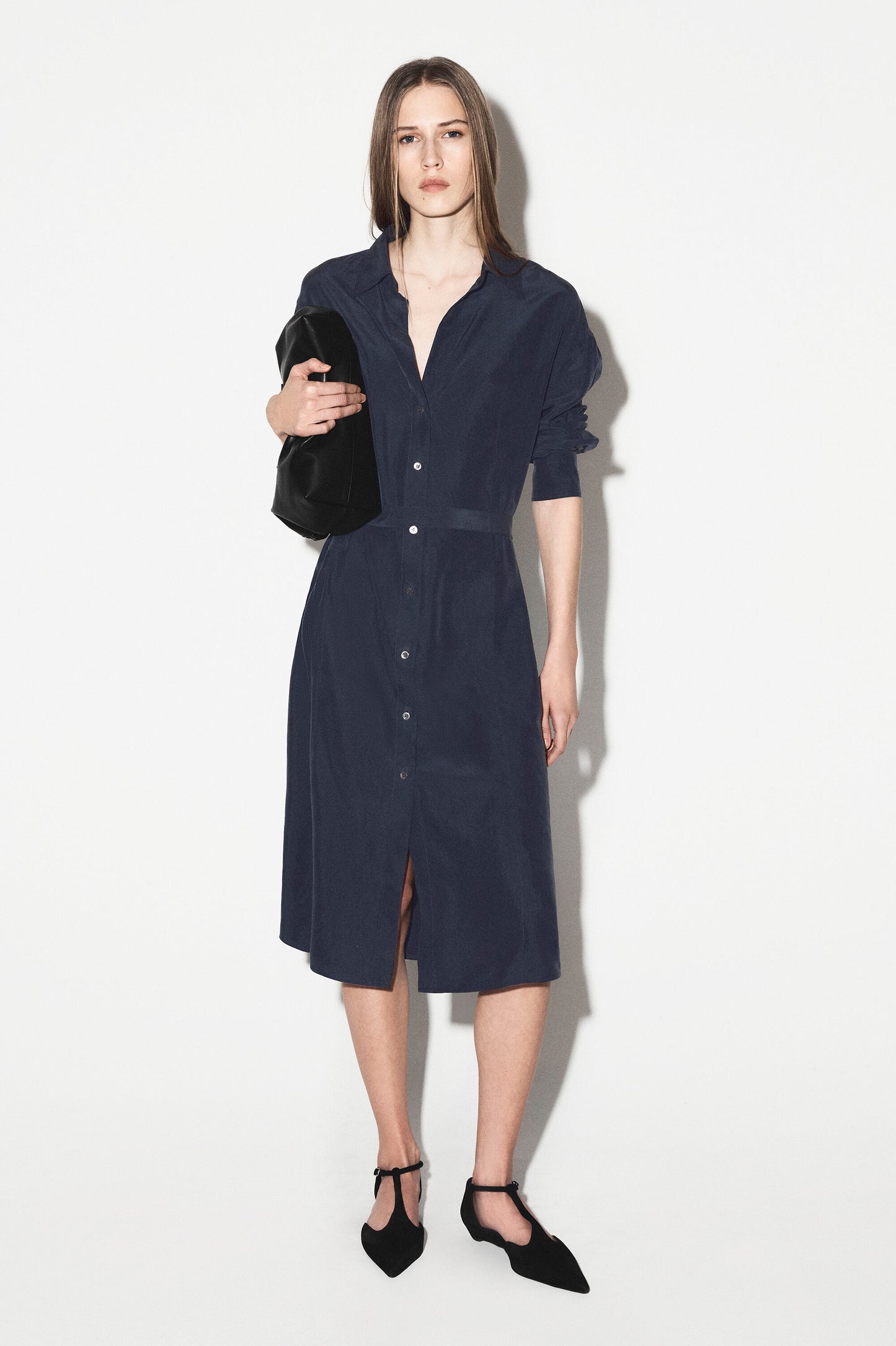 GATHERED CRINKLED-SILK MIDI SHIRT DRESS
