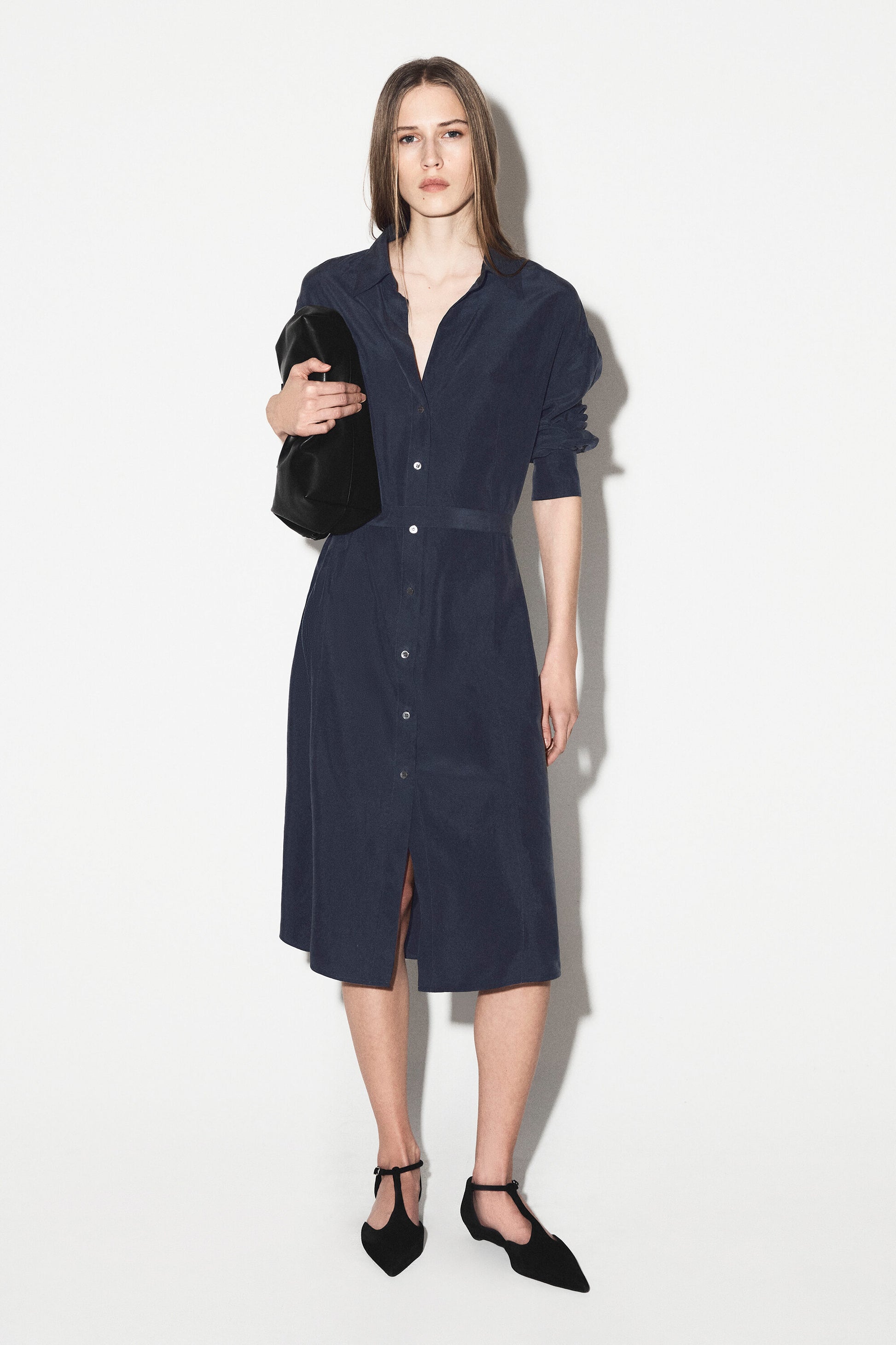 GATHERED CRINKLED-SILK MIDI SHIRT DRESS