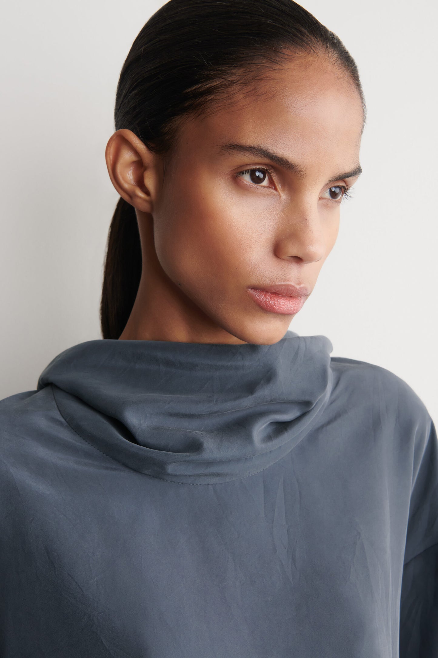 CRINKLED-SILK FUNNEL-NECK TOP