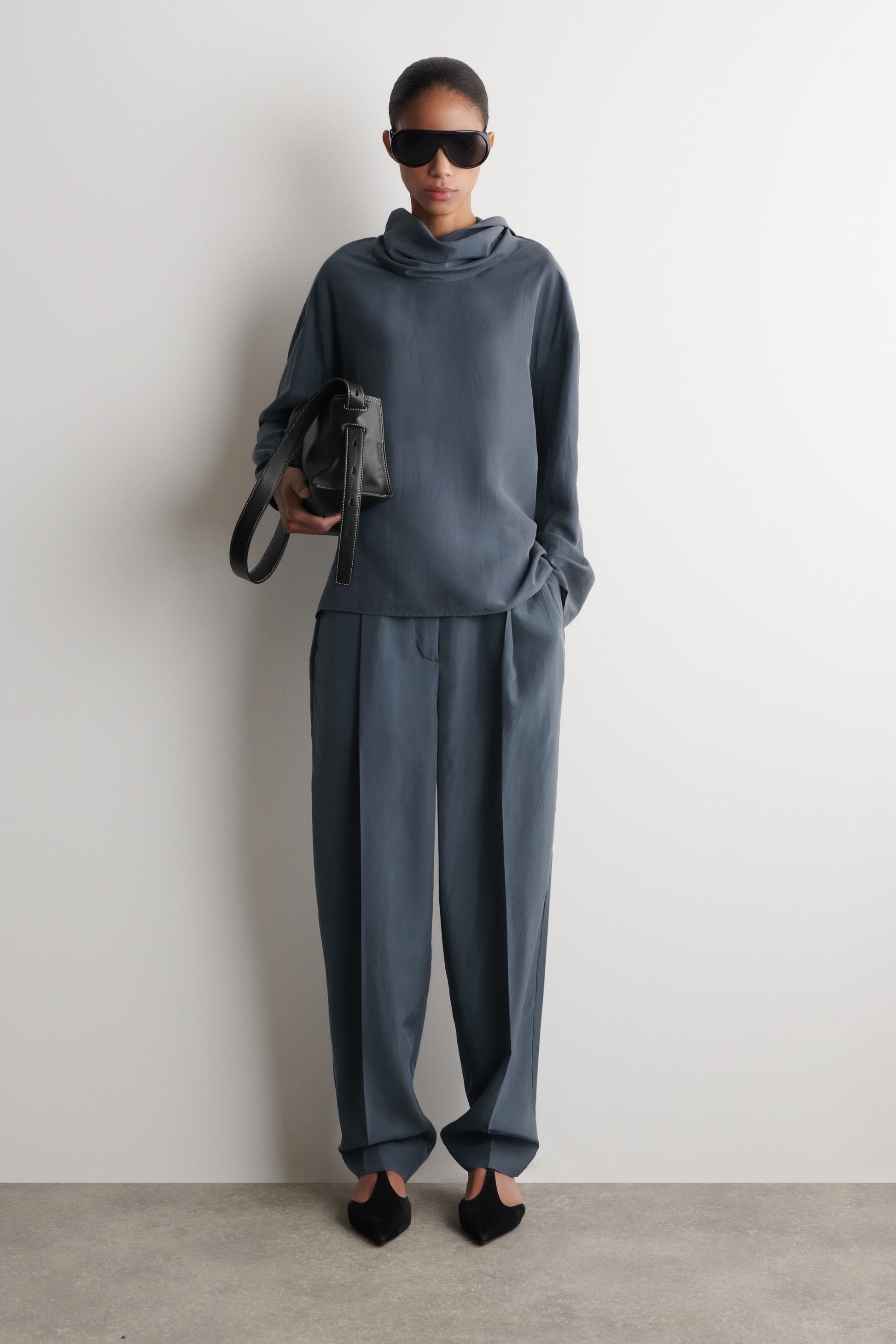 CRINKLED-SILK FUNNEL-NECK TOP