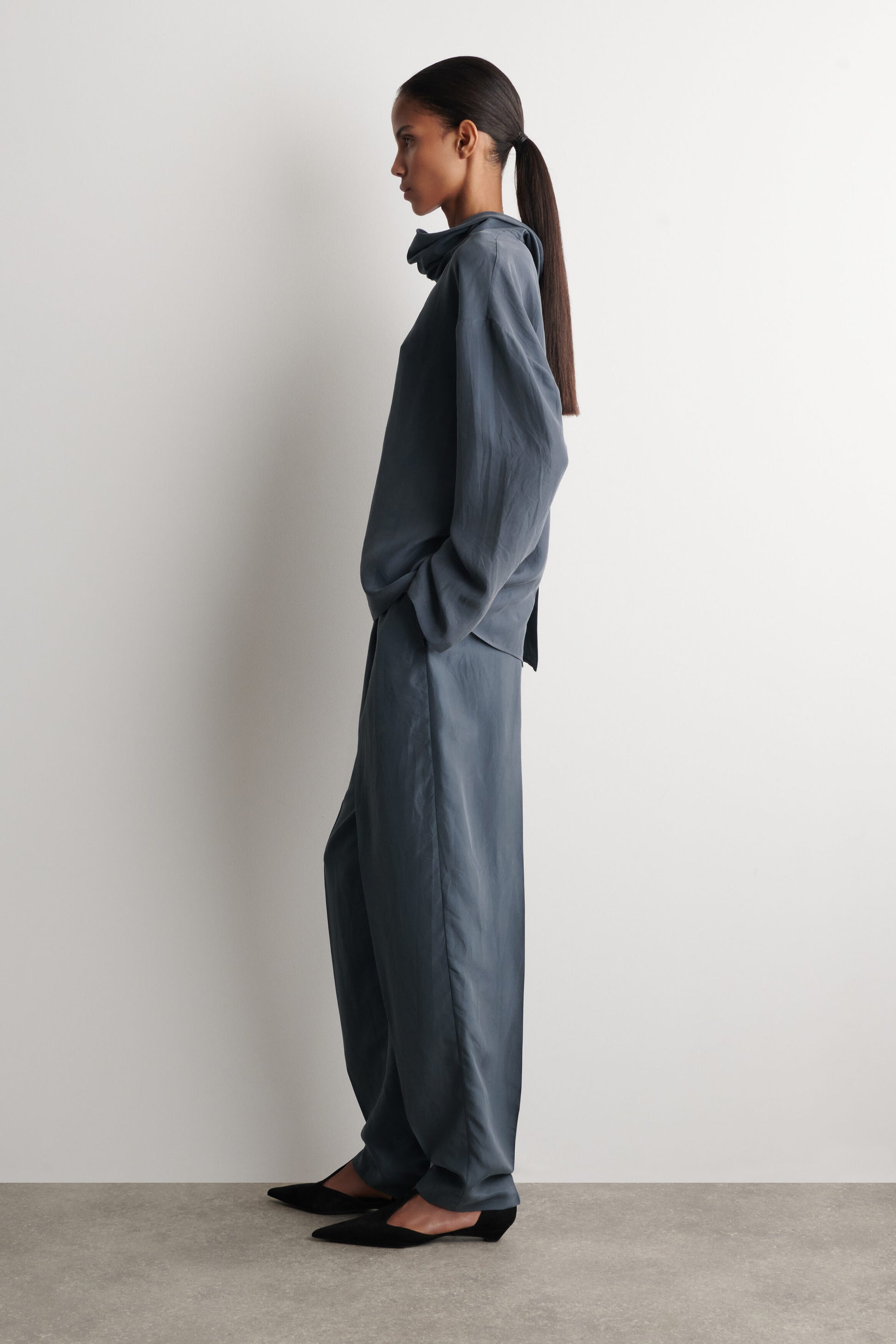 CRINKLED-SILK FUNNEL-NECK TOP