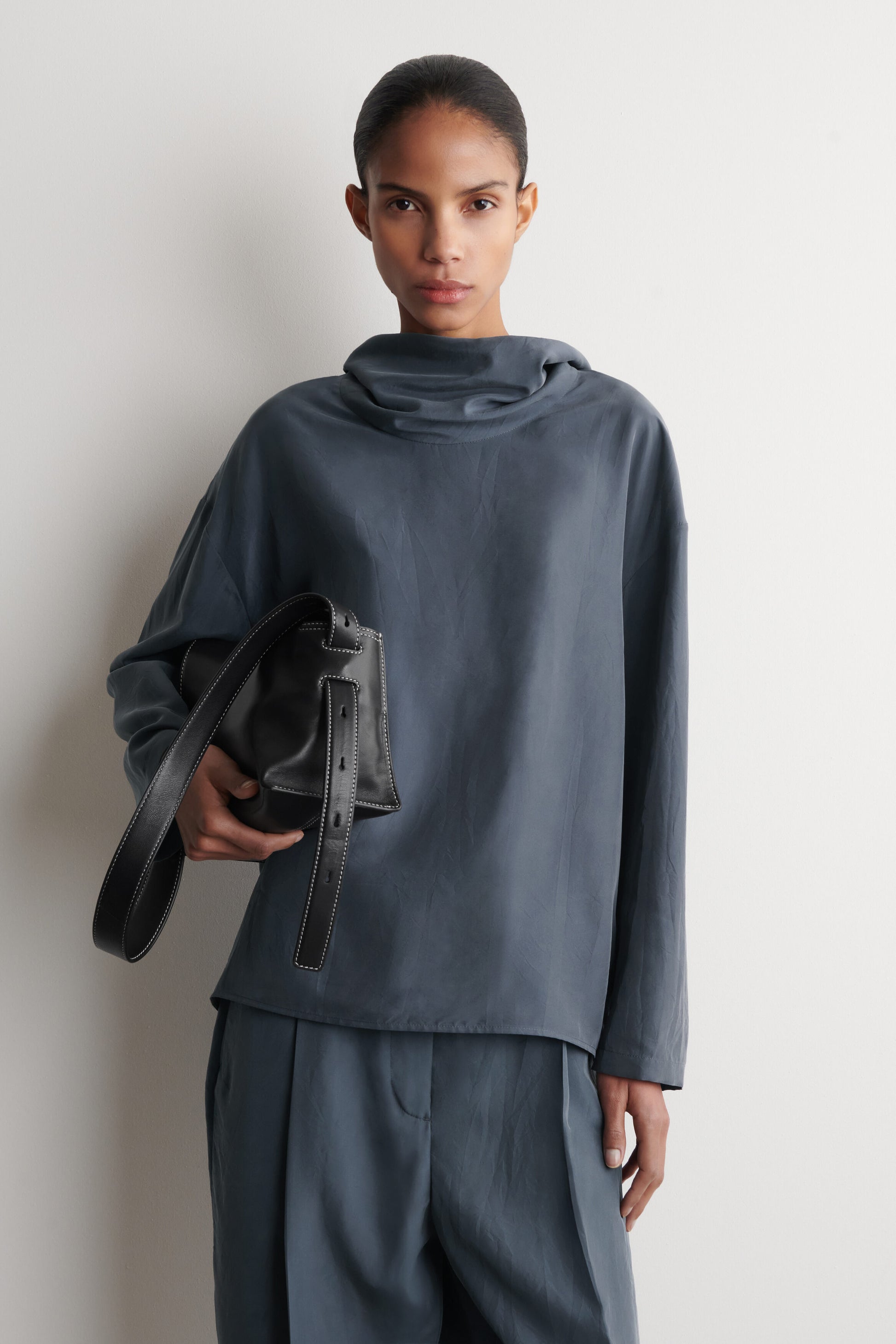 CRINKLED-SILK FUNNEL-NECK TOP