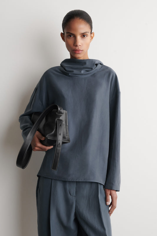 CRINKLED-SILK FUNNEL-NECK TOP